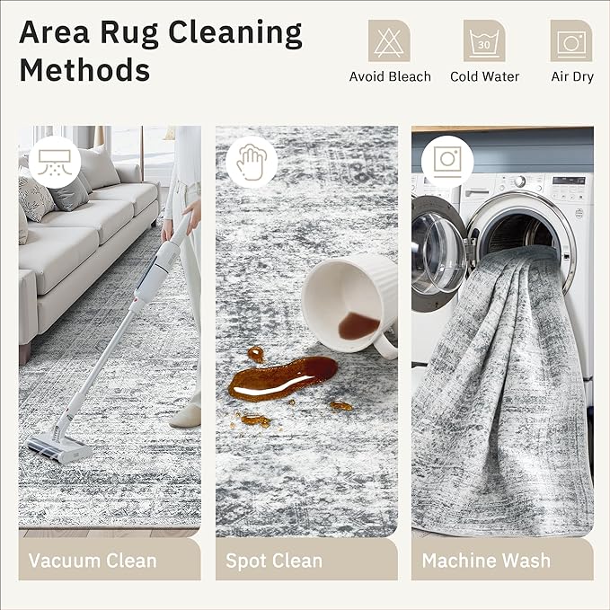 5x8 Area Rugs Grey Low Pile Indoor Washable Trendy Faded Style Rugs for Bedroom Living Room Dining Room Foldable Non-Slip Thin Print Home Office Mat