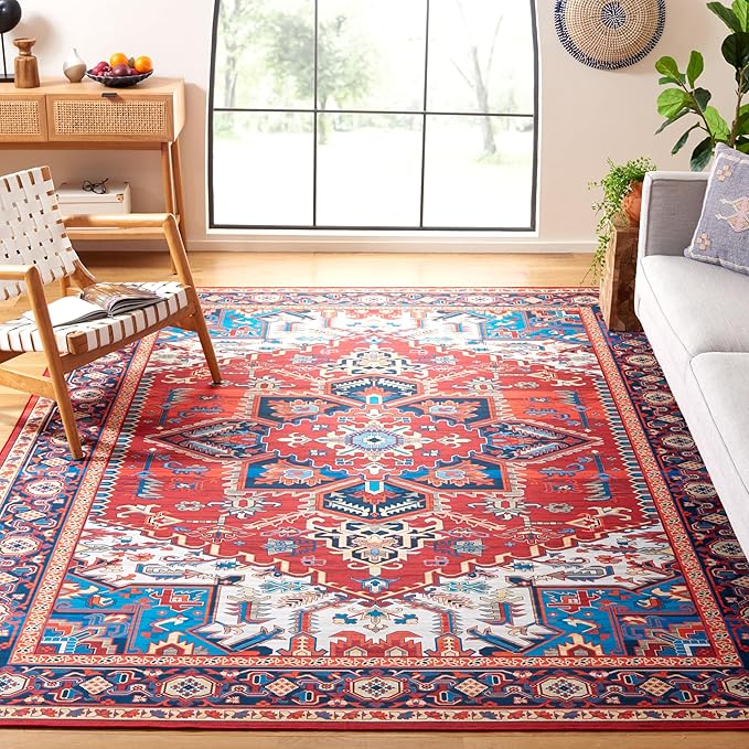SAFAVIEH Washable Rug Tucson Collection - 9' x 12', Red & Blue, Slip Resistant & Easy to Clean, Ideal for Living Room, Bedroom, Dining Space (TSN101Q)