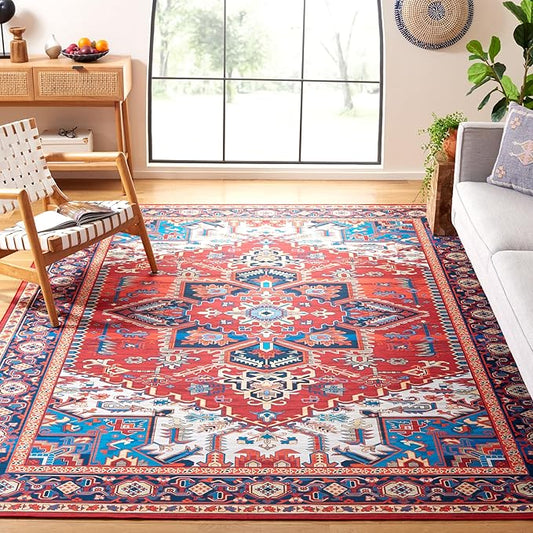 SAFAVIEH Washable Rug Tucson Collection - 9' x 12', Red & Blue, Slip Resistant & Easy to Clean, Ideal for Living Room, Bedroom, Dining Space (TSN101Q)
