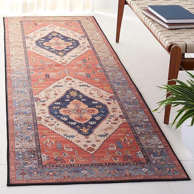 SAFAVIEH Washable Rug Tucson Collection - 2'6" x 18', Rust & Blue, Slip Resistant & Easy to Clean, Ideal for Living Room, Hallway, Foyer, Entryway, Bedroom (TSN153P)