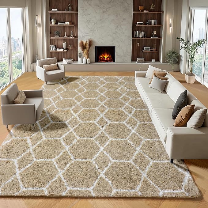 ONASAR 8x10 Area Rugs for Living Room, Fluffy Beige and White Bedroom Rug, Geometric Boho Large Soft Plush Shaggy Fuzzy Floor Carpet for Nursery Kids Classroom Playroom Dorm Home Decor