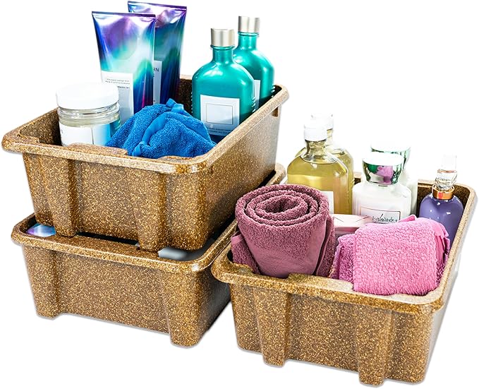 Best Kept Cupboard Organizers And Storage | Plastic Tray Wood-Like Texture| Bathroom Essentials | Skincare Organizer | Facial Care Product Storage Bin | Stackables Dark Brown 3-Piece Organizer Set