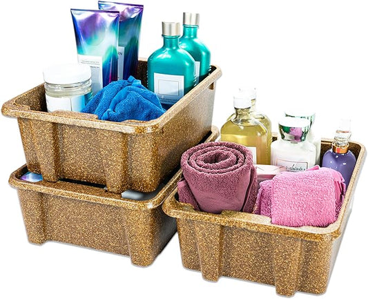 Best Kept Cupboard Organizers And Storage | Plastic Tray Wood-Like Texture| Bathroom Essentials | Skincare Organizer | Facial Care Product Storage Bin | Stackables Dark Brown 3-Piece Organizer Set
