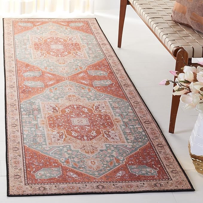 SAFAVIEH Washable Rug Tucson Collection - 2'6" x 6' Runner, Aqua & Rust, Slip Resistant & Easy to Clean, Ideal for Hallway, Foyer, Entryway, Bedroom (TSN150J)