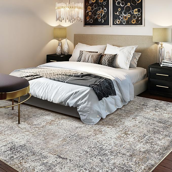Area Rug Living Room Rugs - 7x9 Abstract Large Soft Indoor Washable Rug Neutral Modern Low Pile Carpet for Bedroom Dining Room Farmhouse Home Office - Brown/Grey/Black