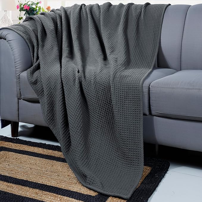 Bed & Bath Home Premium 100% Cotton Waffle Weave Blanket King Size – Soft Breathable Lightweight Comfort, Natural All-Season Bed Blanket, Easy-Care Bedspread for Bed & Couch (Grey)