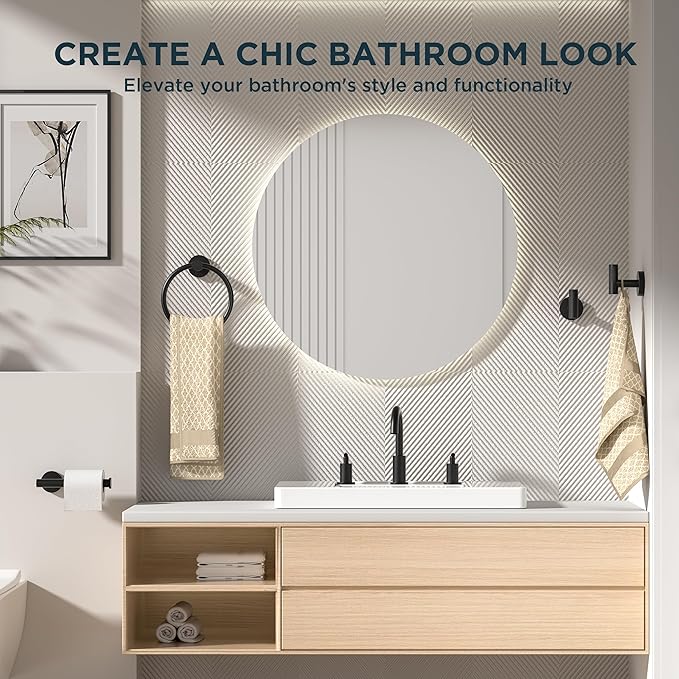 FORIOUS 4 Piece Bathroom Accessories, SUS304 Stainless Steel Toilet Paper Holder, Towel Ring and 2 Towel Hooks, Wall Mounted Bathroom Hardware Set (Matte Black)