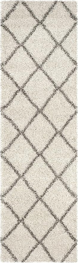 SAFAVIEH Hudson Shag Collection Runner Rug - 2'3" x 14', Ivory & Grey, Modern Trellis Design, Non-Shedding & Easy Care, 2-inch Thick Ideal for High Traffic Areas in Living Room, Bedroom (SGH281A)