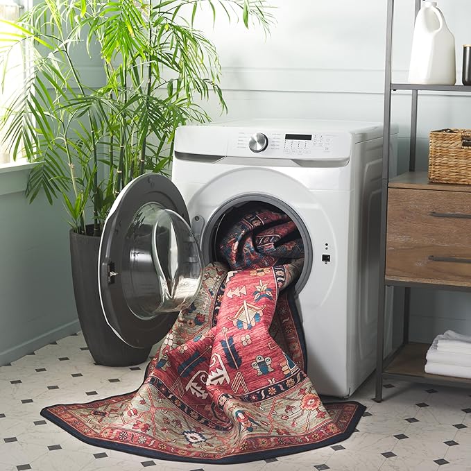 SAFAVIEH Washable Rug Tucson Collection - 4' x 6', Rust & Blue, Slip Resistant & Easy to Clean, Ideal for Foyer, Kitchen, Nursery, Office, Bedroom (TSN153P)