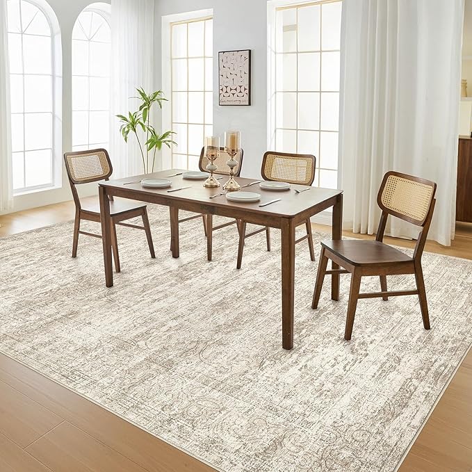 Area Rug Living Room Rugs - 10x14 Abstract Large Soft Indoor Washable Rug Neutral Modern Low Pile Carpet for Bedroom Dining Room Farmhouse Home Office - Vintage Beige