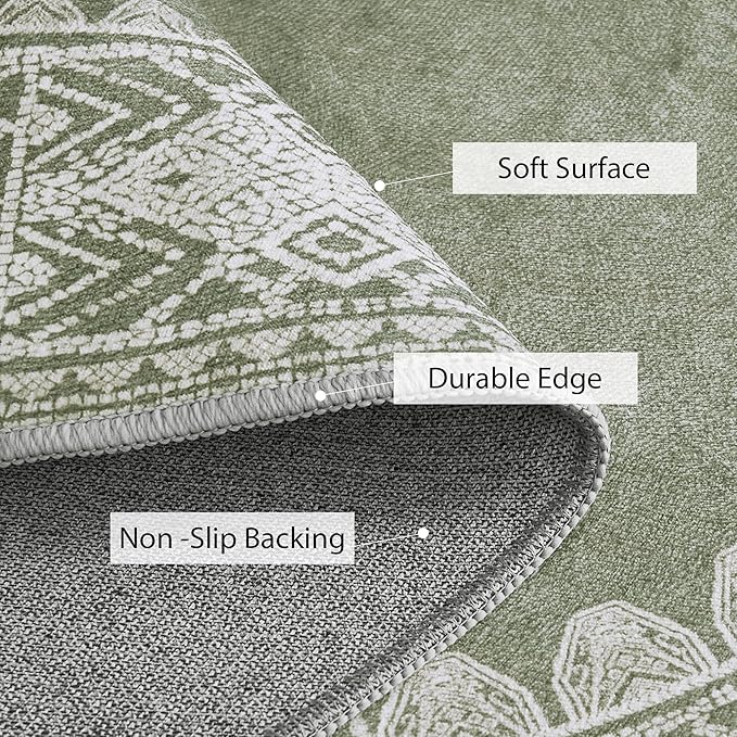 NICETOWN 4ft Round Christmas Rugs Green Boho Wahsable Rug, Thin Non-Slip Green Carpet for Dining Room, Non-Slip Faux Wool Soft Round for Living Room, Sage Green, 4ft