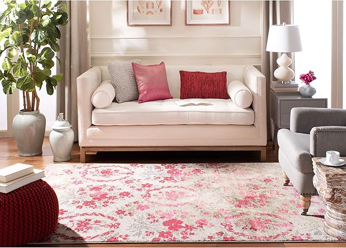 SAFAVIEH Monaco Collection Area Rug - 8' x 10', Ivory & Pink, Floral Design, Non-Shedding & Easy Care, Ideal for High Traffic Areas in Living Room, Bedroom (MNC205R)