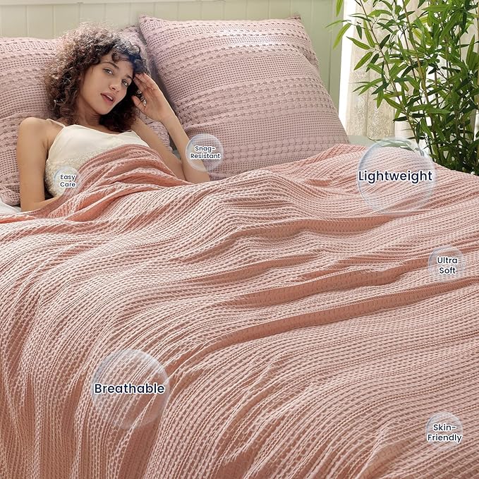 PHF Lightweight Waffle Weave Throw Blanket 50"x 60", Soft Woven Summer Blanket for Hot Sleepers - Aesthetic Home Decor for Couch Bed Sofa, Pet Friendly, Rose Pink