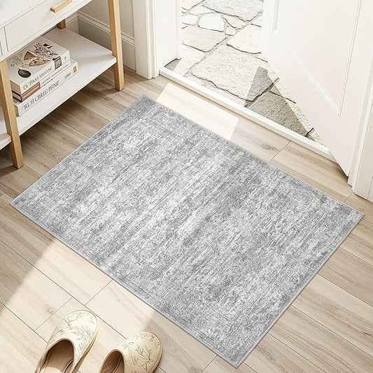 2x3 Entryway Area Rug: Washable Neutral Modern Abstract Small Rug - Non-Slip Low Pile Throw Indoor Carpet for Entrance Kitchen Front Door Mat Bathroom Entry Kids Room - Vintage Grey