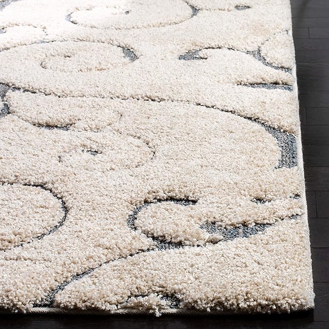 SAFAVIEH Florida Shag Collection Runner Rug - 2'3" x 13', Beige & Blue Grey, Scroll Design, Non-Shedding & Easy to Clean, High-Low Plush Pile, Ideal for Bedroom, Foyer, Hallway (SG455-1155)