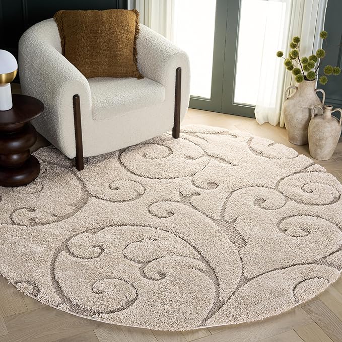 SAFAVIEH Florida Shag Collection Area Rug - 10' Round, Cream & Beige, Scroll Design, Non-Shedding & Easy to Clean, High-Low Plush Pile, Ideal for Living Room, Bedroom, Dining Space (SG455-1113)