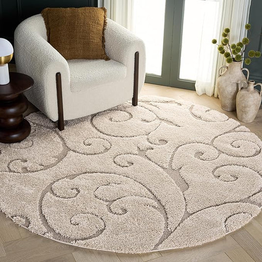 SAFAVIEH Florida Shag Collection Area Rug - 8' Round, Cream & Beige, Scroll Design, Non-Shedding & Easy to Clean, High-Low Plush Pile, Ideal for Living Room, Bedroom, Dining Space (SG455-1113)