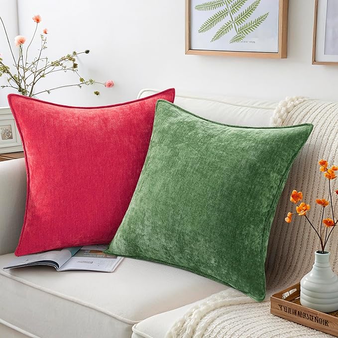 decorUhome Spring Couch Throw Pillow Covers 16x16 Set of 2, Decorative Soft Velvet Modern Cozy Chenille Pillow Cases with Elegant Design for Sofa Bed Living Room Home Decor, Red
