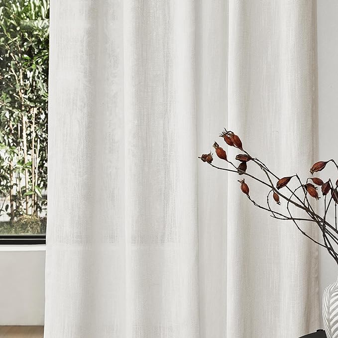 MYSKY HOME Short Curtains for Small Kitchen Windows 45 inches Length, Linen Look Curtain Drapes Cotton Polyester Blend, Soft Fabric Light Filtering Privacy Protect, Beige White, 50 x 45 inches, 2 PCs