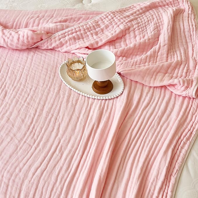 100% Cotton Muslin Blanket Queen 6-Layer Gauze Pink Bed Blanket Lightweight Soft and Breathable Blanket for Sofa Couch Coverlet Farmhouse Decor Both Sides
