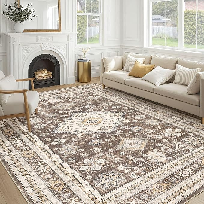 Vintage Living Room Area Rug 6x8 - Large Soft Washable Oriental Traditional Distressed Farmhouse Rugs for Bedroom - Indoor Floor Accent Carpet for Home Office House Decor - Dark Brown