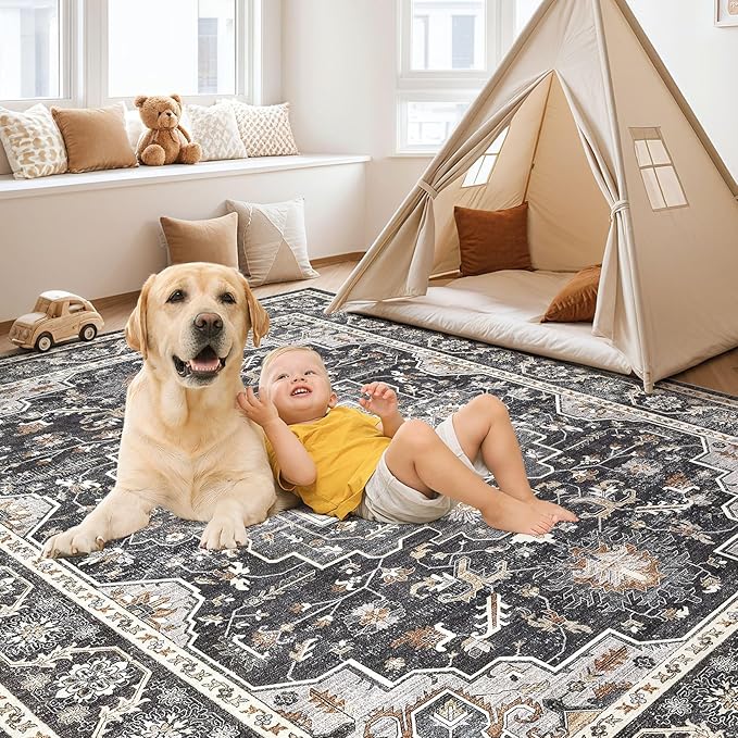 Vintage Living Room Area Rug 10x12 - Large Soft Washable Oriental Traditional Distressed Farmhouse Rugs for Bedroom - Indoor Floor Accent Carpet for Home Office House Decor - Black