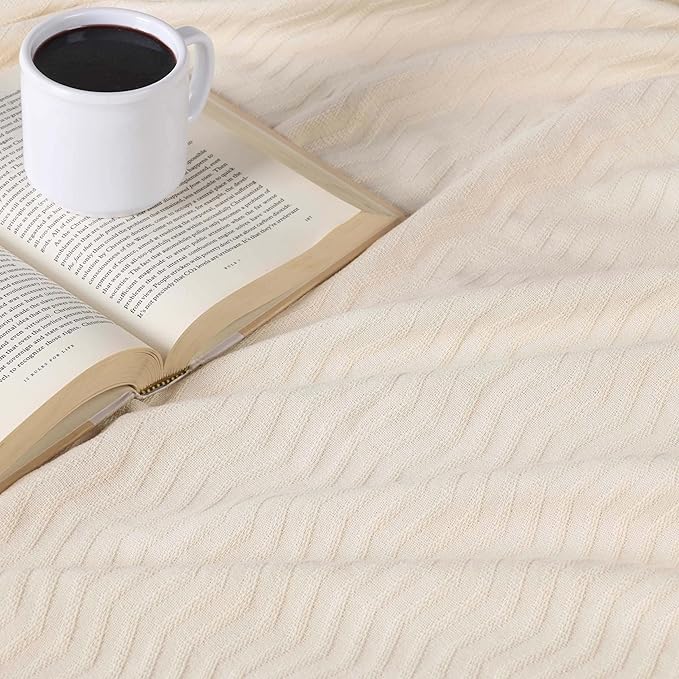 Superior JENA Cotton Blanket, for Picnic, Beach, Traveling or Camping, Bedroom Decor, Essentials, Cover for Bed, Couch, Lounging, Textured Jacquard, Modern Chevron Woven Blanket, Throw, Ivory