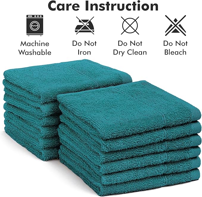 Face Towels Pack of 12 – 100% Cotton Wash Cloths (12x12 inch) – Soft, Quick Dry & Highly Absorbent Hand Towels for Bathroom, Spa, Gym, Kitchen and for Daily Use - (Teal)
