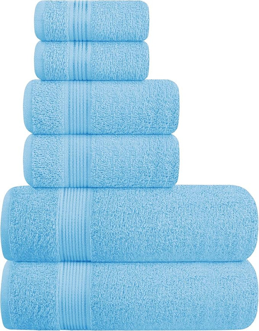 Elvana Home Ultra Soft 6 Pack Cotton Towel Set, Contains 2 Bath Towels 28x55 inch, 2 Hand Towels 16x24 inch & 2 Wash Coths 12x12 inch, Ideal for Everyday use, Compact & Lightweight - Sky Blue