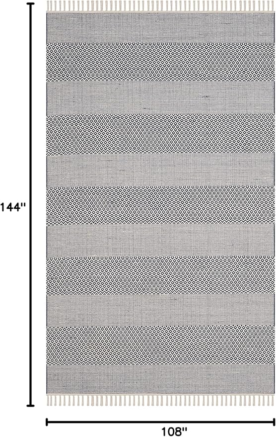 SAFAVIEH Montauk Collection Area Rug - 9' x 12', Ivory & Navy, Handmade Flat Weave Boho Farmhouse Cotton Tassel Fringe, Ideal for High Traffic Areas in Living Room, Bedroom (MTK330B)