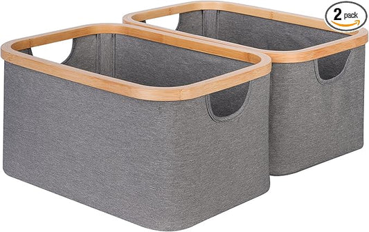 efluky Storage Baskets for Organizing, Fabric Storage Bins with Bamboo Handles, Collapsible Storage Baskets for Shelves and Closet, Grey Set of 2