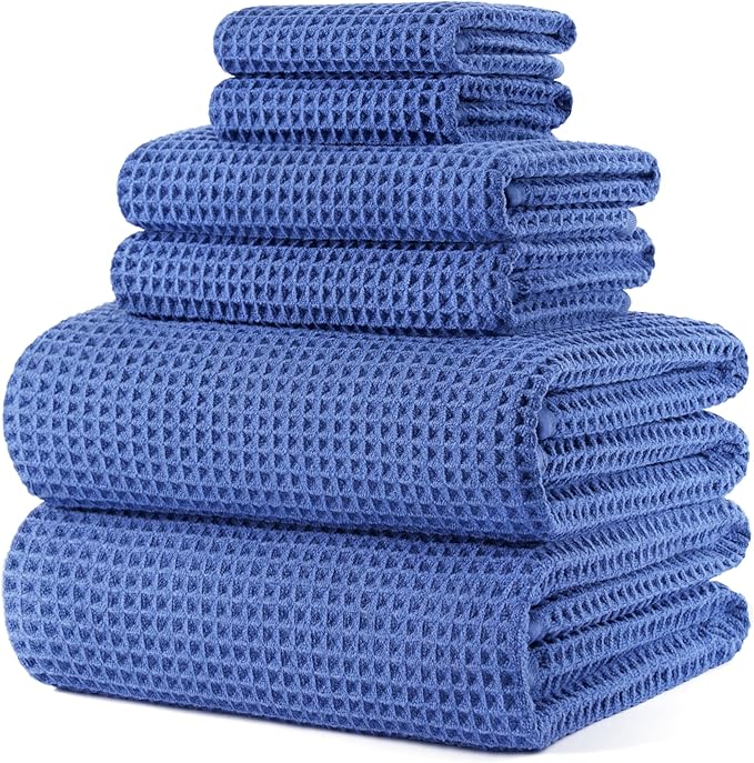 430 GSM Microfiber Quick Dry Lint Free Oversize Bath Towel Set, 6 Piece (Waffle Weave)