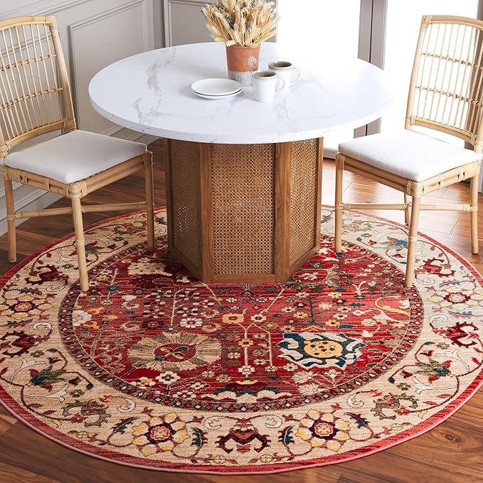 SAFAVIEH Kashan Collection Area Rug - 4' Round, Red & Beige, Non-Shedding & Easy Cleaning, Ideal for Living Room, Bedroom, Dining Space (KSN303L)