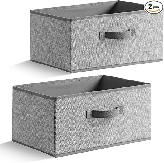 15.7 Inch Storage Baskets, Woven Fabric Bins, Storage Cubes with Reinforced Handles, Organizer Bins for Closet Shelves, Foldable, for Clothes (Gray, 2PCS/15.7*11*7.8inch)
