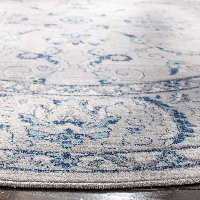 SAFAVIEH Brentwood Collection Area Rug - 3' Round, Light Grey & Blue, Oriental Floral Scroll Design, Non-Shedding & Easy Care, Ideal for High Traffic Areas in Living Room, Bedroom (BNT854G)