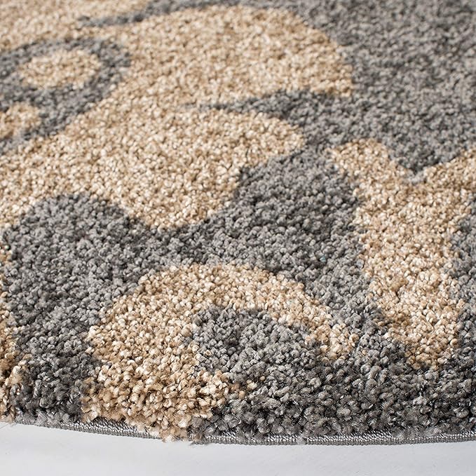 SAFAVIEH Florida Shag Collection 4' Round Grey/Beige SG458 Floral Non-Shedding Living Room Bedroom Dining Room Entryway Plush 1.2-inch Thick Area Rug