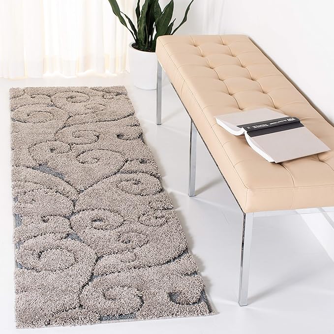 SAFAVIEH Florida Shag Collection Runner Rug - 2'3" x 15', Grey & Light Blue, Scroll Design, Non-Shedding & Easy to Clean, High-Low Plush Pile, Ideal for Bedroom, Foyer, Hallway (SG455-1160)