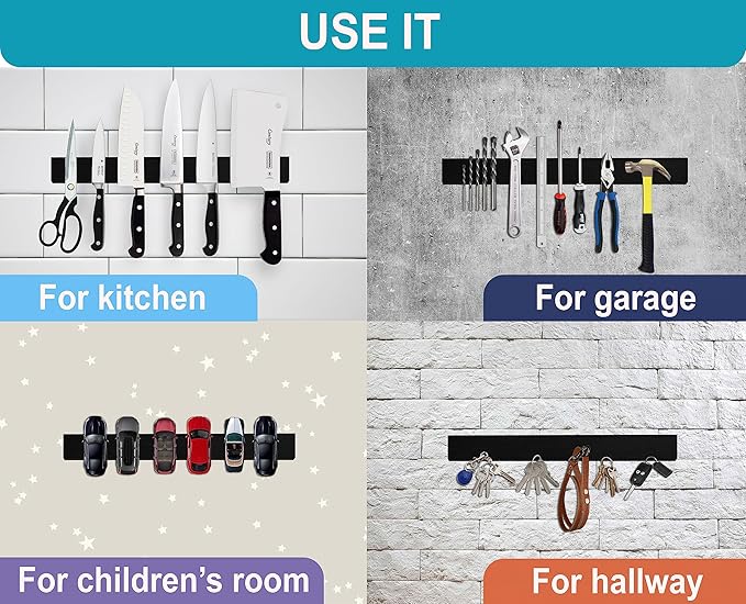 16 Inch Black Wood Knife Magnetic Strip - Wall Kitchen Magnetic Rack Holder