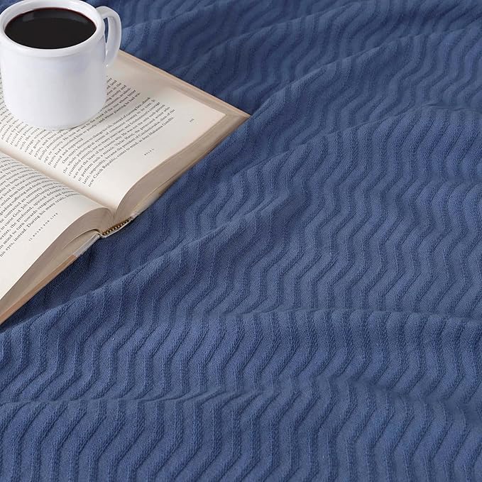 Superior JENA Cotton Blanket Picnic, Beach, Traveling or Camping, Bedroom, Essentials, Cover for Bed, Couch, Lounging, Textured Jacquard, Modern Chevron Woven Blanket, California King, Merritt Blue