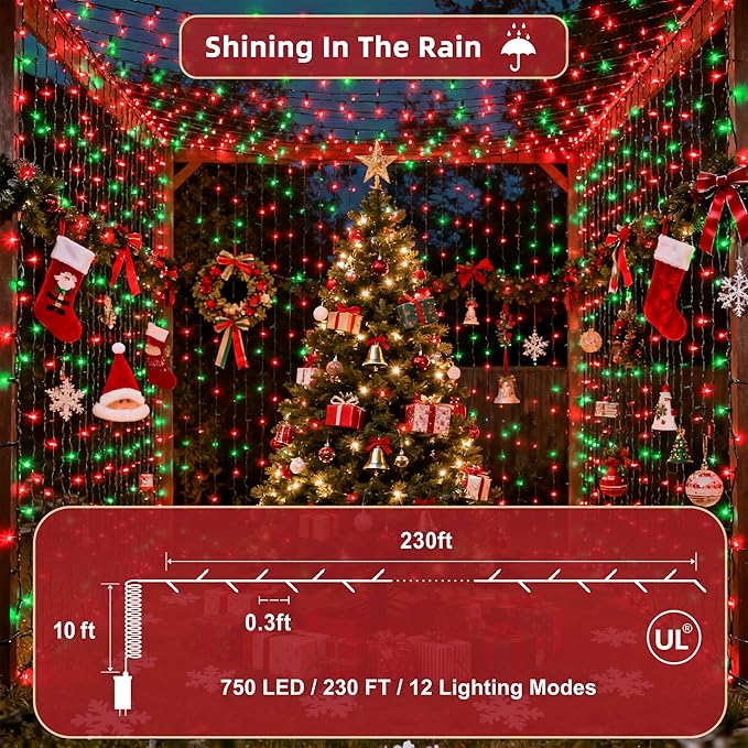 240ft Outdoor Christmas Lights, 750 LED Super Long String Lights 12 Modes & Timer Memory, Dimmable Outsite Waterproof Light Strings for Xmas Tree Garden Wedding Party Holiday Decorations Red & Green