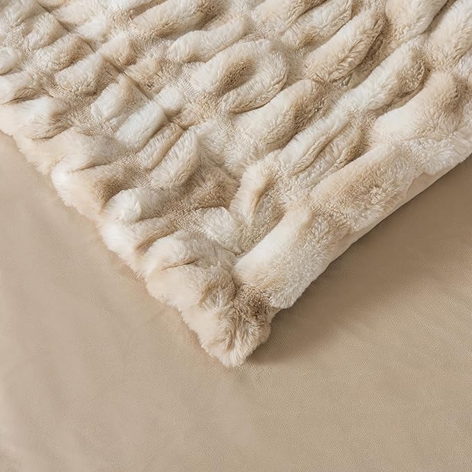 WDCOZY Ruched Faux Fur Throw Blanket Soft Cozy Fluffy Luxurious Blankets Couch Bed Sofa Chair Home Decor Warm Furry Fall Winter Plush Rabbit Fur Bubble Blanket 50" x 60", Caramel Beige Camel Neutral