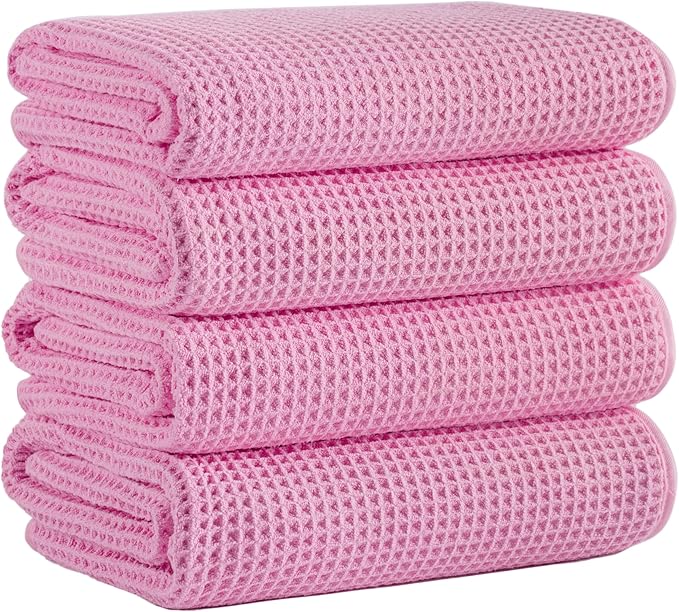 Microfiber Waffle Bath Towels, 4 Pieces, Soft, Absorbent, Fast Drying, Lint Free 430 GSM (Pink)