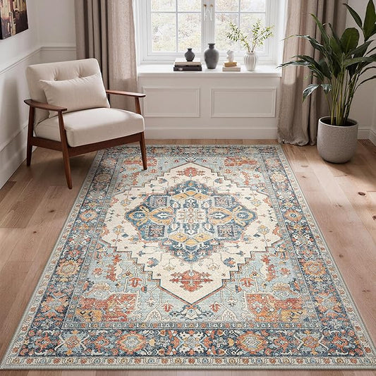 GENIMO 5x7 Area Rugs for Living Room, Machine Washable Non Slip Rugs, Low Pile Lightweight Print Rug for Bedroom, Dining Room, Home Office, Vintage Blue/Amber