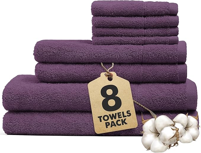 Bath Towels Set of 8 – 100% Cotton (Dark Purple) Bathroom Towel Set Bale Includes 2 Bath, 2 Hand, 4 Face Towels – Soft, Absorbent & Quick Dry Towel for Bathroom, Spa, Kitchen, Hotel Use