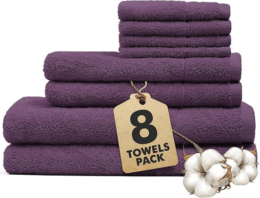 Bath Towels Set of 8 – 100% Cotton (Dark Purple) Bathroom Towel Set Bale Includes 2 Bath, 2 Hand, 4 Face Towels – Soft, Absorbent & Quick Dry Towel for Bathroom, Spa, Kitchen, Hotel Use