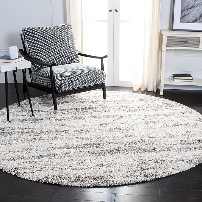 SAFAVIEH Hudson Shag Collection 7' Round Ivory/Grey SGH206A Modern Non-Shedding Living Room Bedroom Dining Room Entryway Plush 2-inch Thick Area Rug