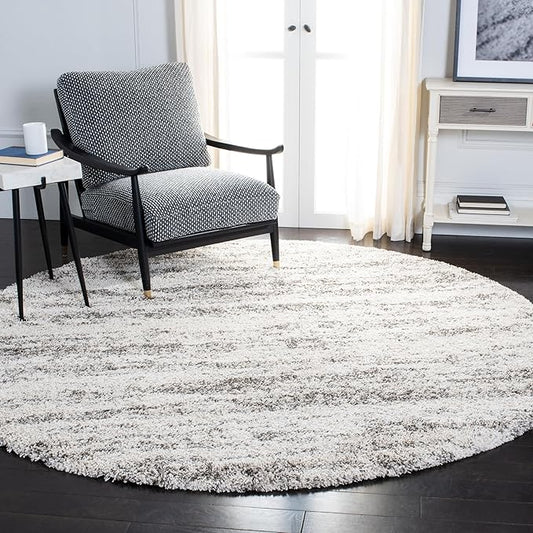 SAFAVIEH Hudson Shag Collection 7' Round Ivory/Grey SGH206A Modern Non-Shedding Living Room Bedroom Dining Room Entryway Plush 2-inch Thick Area Rug