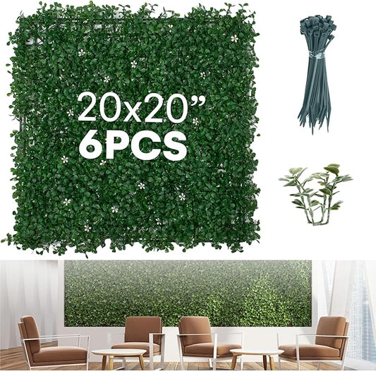 flybold Artificial Boxwood Hedge Panels - Grass Wall Backdrop Decor Indoor and Outdoors - Greenery Wall, Faux,Fake Grass Wall - Decorative Hedge, Garden Fence Panels - 20x20 inch - Pack of 6