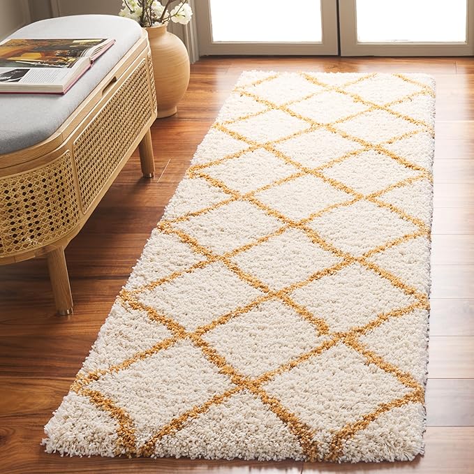 SAFAVIEH Hudson Shag Collection Runner Rug - 2'3" x 8', Ivory & Gold, Trellis Design, Non-Shedding & Easy Care, 2-inch Thick, Ideal for The Entryway, Living Room, Foyer, Bedroom (SGH281E)