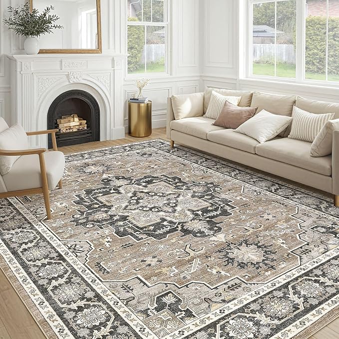 Vintage Living Room Area Rug 8x10 - Large Soft Washable Oriental Traditional Distressed Farmhouse Rugs for Bedroom - Indoor Floor Accent Carpet for Home Office House Decor - Black Brown